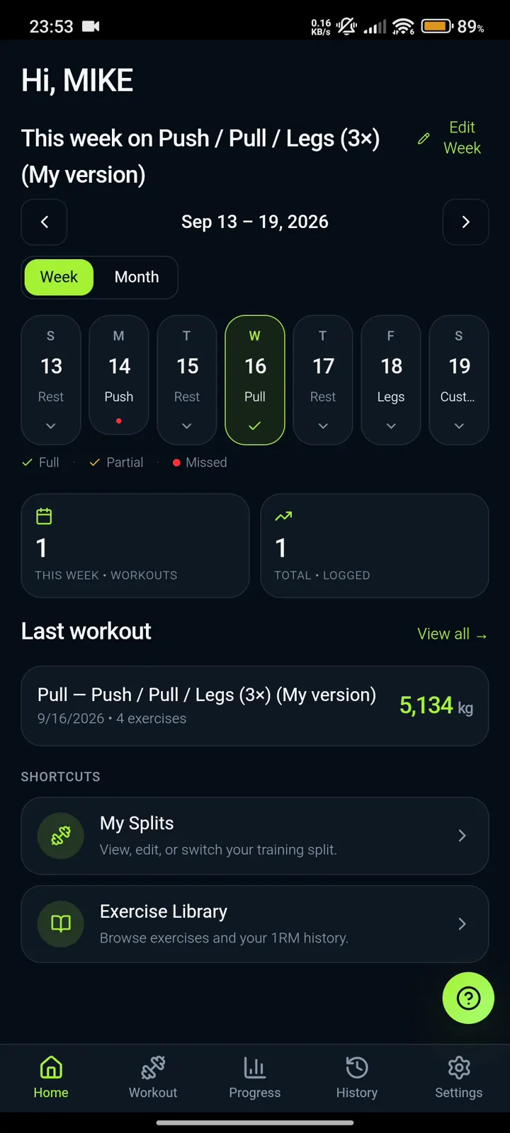 IronBuddy home dashboard with the weekly training split